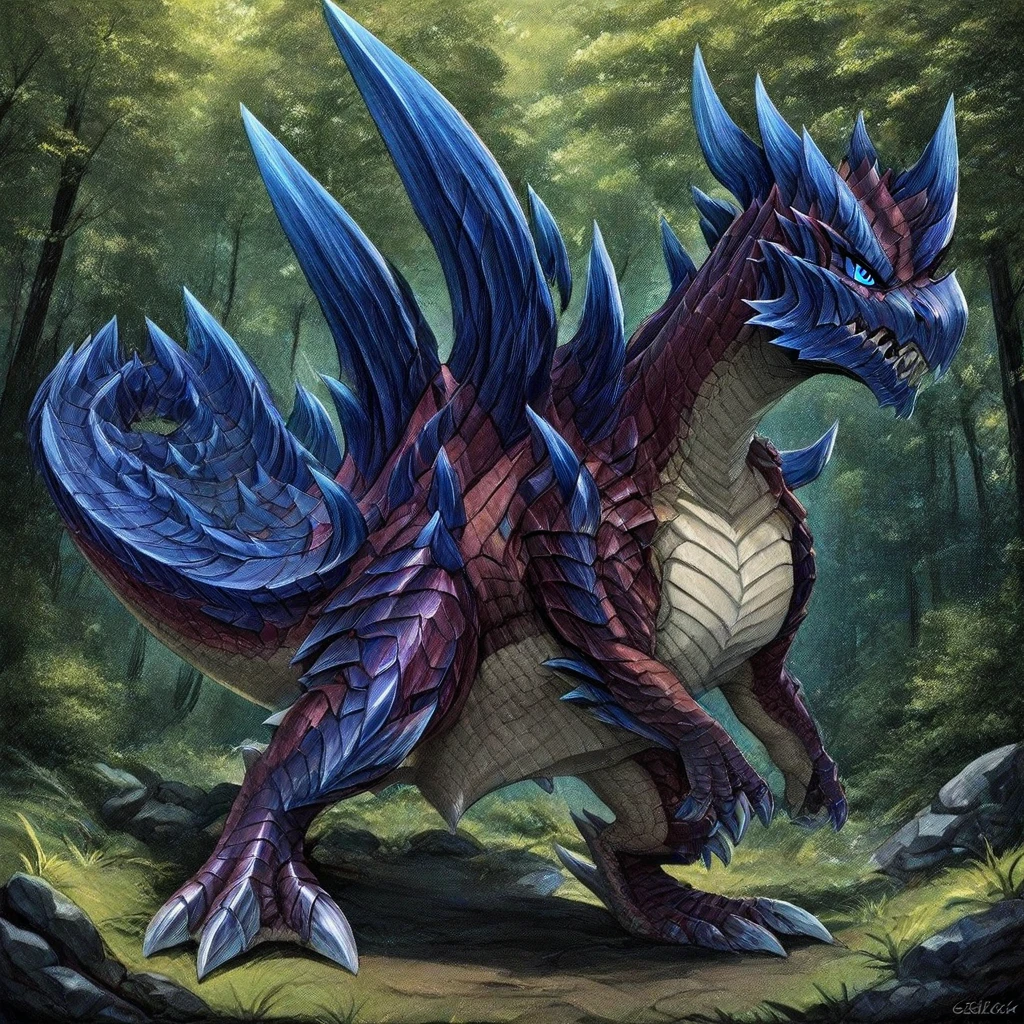 Glavenus, no humans, nature, forest, tree, outdoors, rock, claws, blue eyes, solo, grass, dragon, scales, teeth, sharp teeth