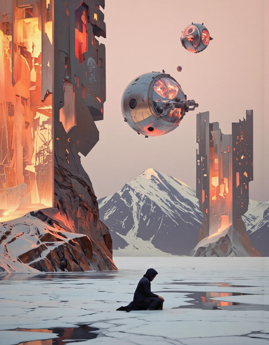 Art par Alexey Egorov. Un tournage d'illustration numérique d'en bas sur une scène futuriste mettant en vedette deux grandes structures métalliques dominant une vaste étendue d'eau, éclairée par une lumière éthérée douce. La scène se déroule dans un environnement brumeux et brumeux avec une chaîne de montagnes lointaine en arrière-plan. Le ciel est d'une couleur rose pâle et le sol est recouvert d'une fine couche de glace. Au premier plan, une personne est agenouillée sur le sol, portant un manteau à capuche noir, face au spectateur. La personne semble être dans un état contemplatif, les mains jointes ensemble devant elles. Sur le côté gauche de l'image, une grande structure de sphère brillante avec des motifs complexes est visible, et il émet une lumière vive qui illumine la zone environnante. En plus de la structure, deux structures plus petites et brillantes sont suspendues dans les airs, émettant une lueur rouge. Les structures semblent être en métal et ont un éclat métallique, avec des détails complexes qui leur donnent une sensation de science-fiction futuriste.