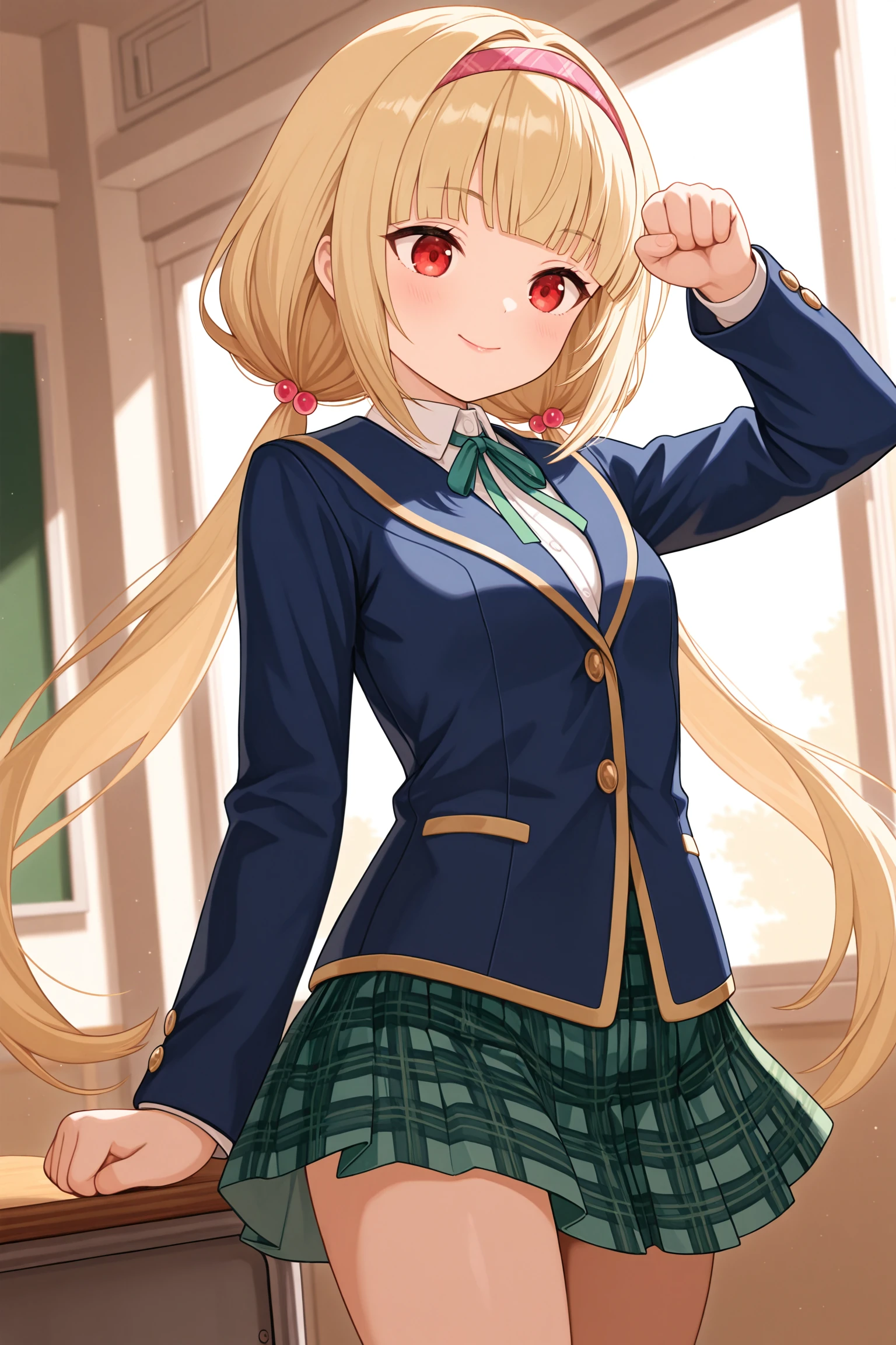 masterpiece, best quality, very aesthetic, nishinoayane, solo, indoors, classroom, blonde hair, low twintails, hair bobbles, pink hairband, blunt bangs, very long hair, red eyes, small breasts, blue jacket, blazer, neck ribbon, green ribbon, collared shirt, white shirt, left clenched hand, left arm up, green skirt, plaid skirt, school uniform, smile, closed mouth, :), pink lips, <lora:Nishino-Ayane:0.7>