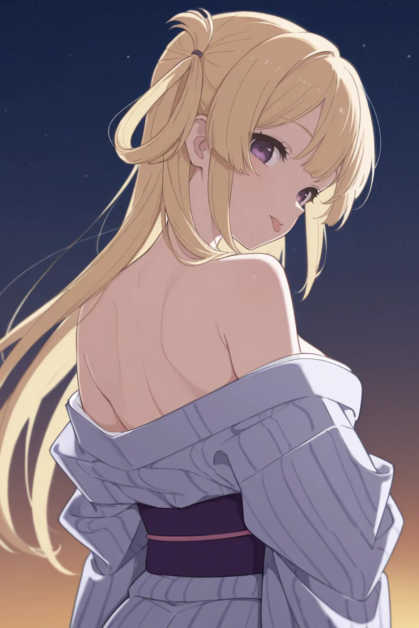 masterpiece, best quality, very aesthetic, newest, absurdres, highres,
1girl, solo,
 <lora:FujimaSakuraIllustriousV1:1> fujimasakura, blonde hair, long hair, hair rings, purple eyes,
kimono, bare shoulders, night sky, from behind, looking at viewer, tongue out,