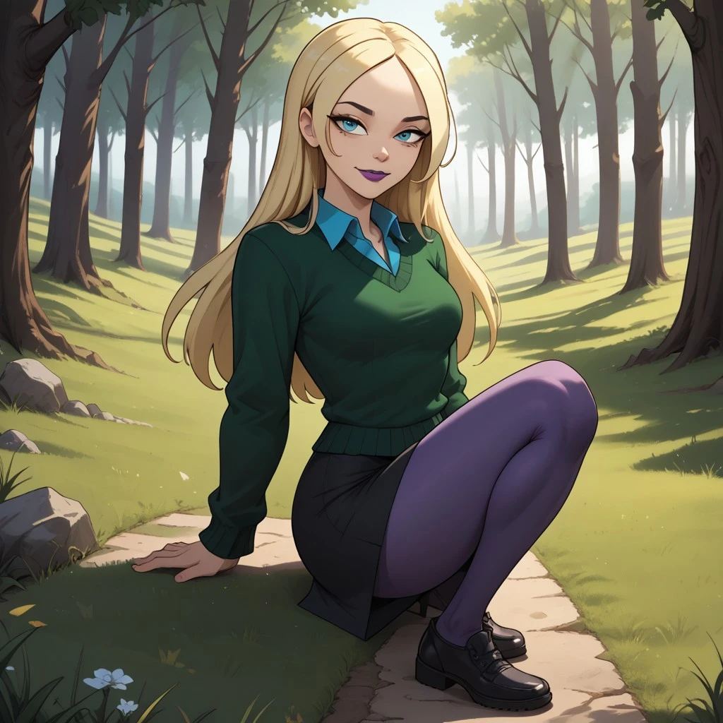 score_9, score_8, BREAK, solo, total drama, 1girl, blonde hair, long hair, white skin, dark turquoise eyes, small eyebags, black eyebrows, pointy nose, purple lips, lipstick, dark green sweater, cyan collared shirt, black skirt, dark purple pantyhose, black shoes, Dawn_(\Total_Drama\), tdroti, cute, sexy pose, self portrait, smile, outdoors, sunlight, shadows, evening lighting, natural lighting, forest, trees, grass, orange sky, sunset
