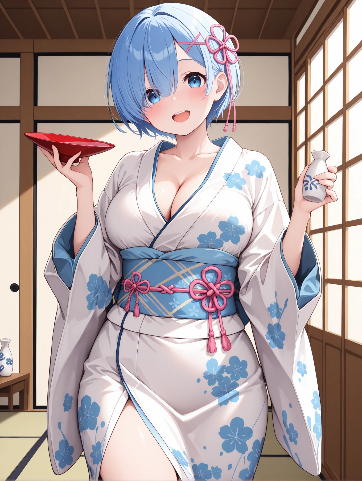 <lora:Rem Illu:1>1girl, solo, 
r3m, 1girl, large breasts, blue hair, blue eyes, white kimono, japanese clothes, short hair, cleavage, x hair ornament, floral print, sash, smile, open mouth, collarbone, wide sleeves, obi, blush, upper teeth only, hair over one eye, looking at viewer, holding cup, flower knot, pink ribbon, hair ribbon, print kimono, long sleeves, alternate costume, bottle, sakazuki, tokkuri, :d, hands up, thighs, cowboy shot, standing, 
indoors, sliding doors, 
 <lora:cfg_scale_boost:0.7>, masterpiece, best quality
