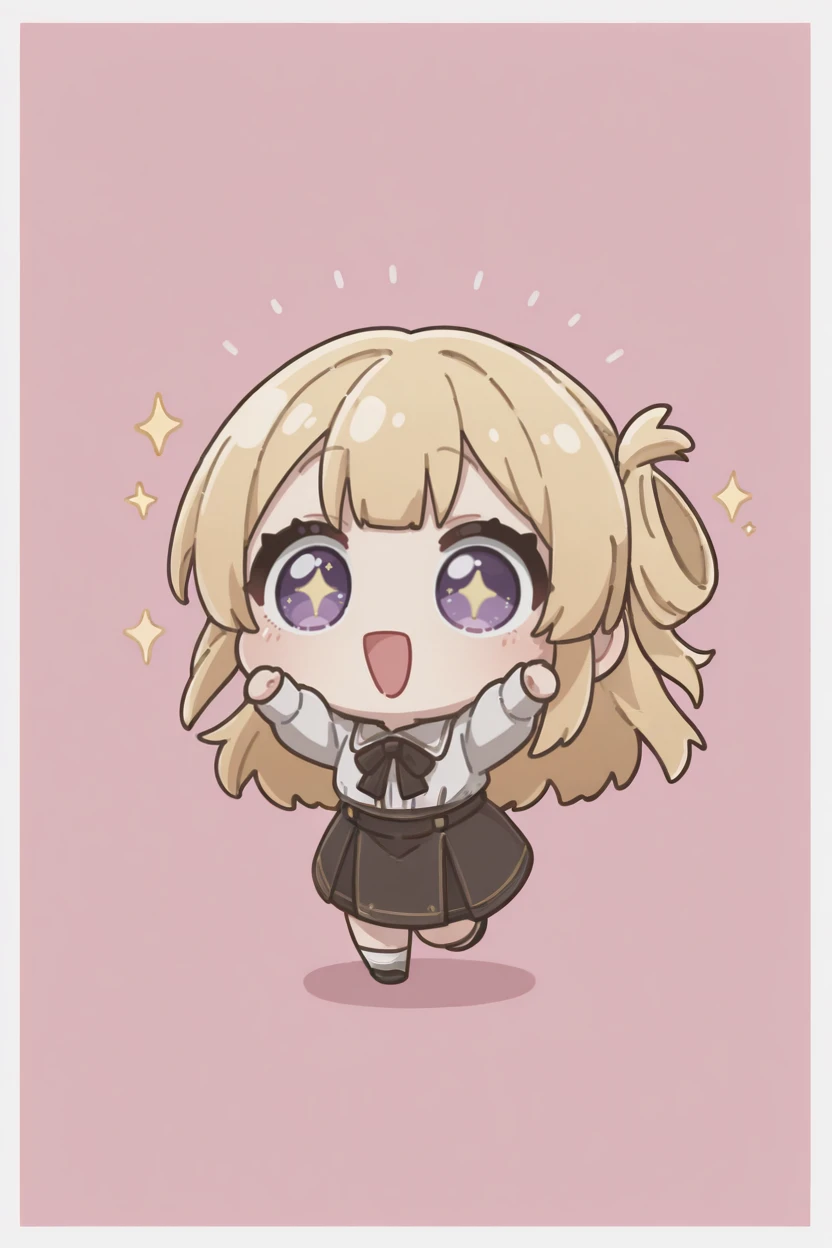 masterpiece, best quality, very aesthetic, newest, absurdres, highres,
1girl, solo,
 <lora:FujimaSakuraIllustriousV1:1> fujimasakura, blonde hair, long hair, hair rings, purple eyes,
sparkle, happy, open mouth, hands up, sparkling eyes, excited , simple background, outside border,
<lora:Arikuigames1105IllustriousV1:1> arikuigames1105, chibi, full body