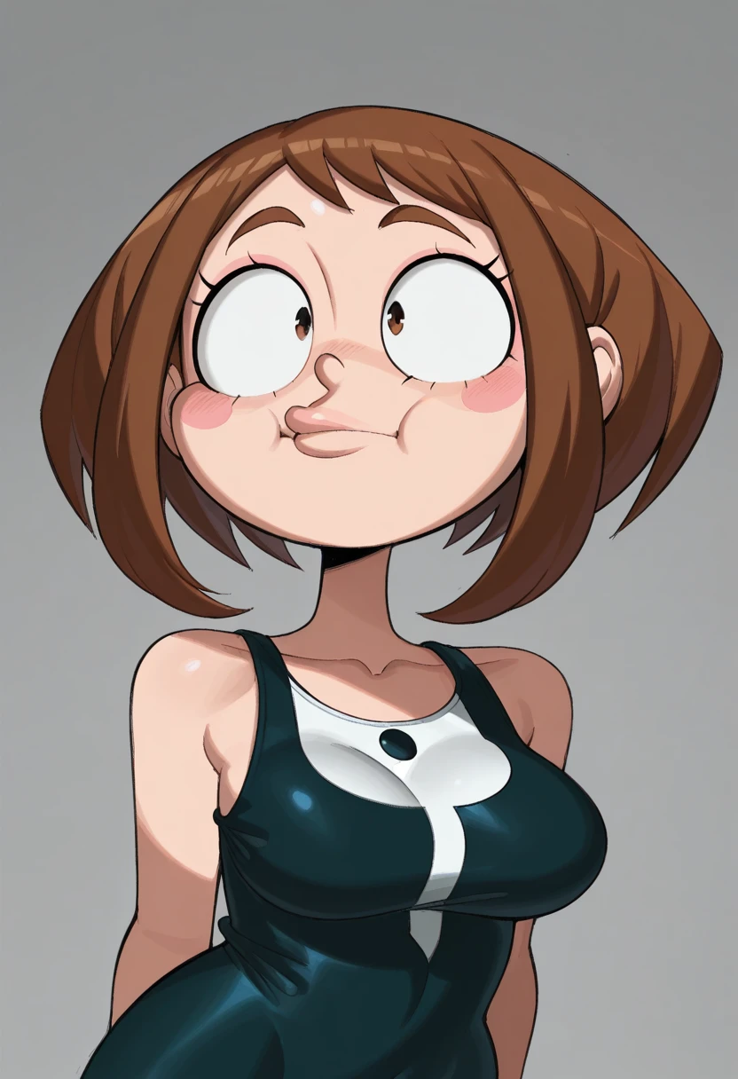 j0j0, masterpiece, best quality, solo, uraraka ochako, cheeks puffed out, eye squint, ,
