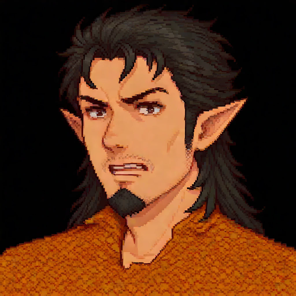 masterpiece, best quality, newest, absurdres, highres, monopixel_portrait, pixel art, pixel, 64x64, 64x64, clean pixel art, sharp pixels, pixelated, square pixels, limited color palette, clean edges, transparent background, simple background, BREAK, male focus, 1boy, orlofink, changeling, half-elf, medium-length hair, black hair, medium-toned skin, goatee, beauty mark, pointy ears, dark brown eyes, pointy ears, BREAK, portrait, annoyed, glare,
