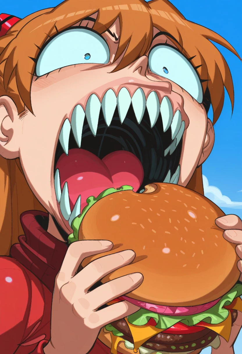 j0j0, masterpiece, best quality, solo, asuka langley, ginger hair, red uniform, suprised, blue sky, holding burger, mouth wide open, giant teeth, weird, wide eyes,