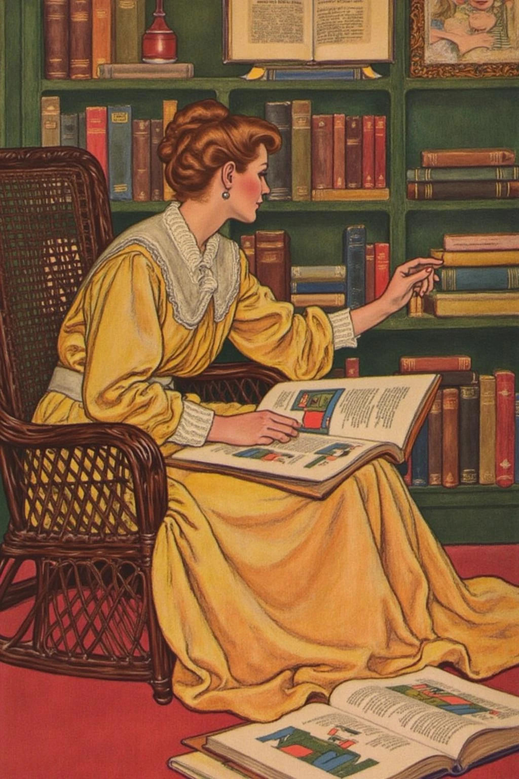 shippengreen1 illustration.
A woman, shown in side profile, is sitting in a comfortable wicker armchair with a high back, there is a large open book on her lap. She is looking at a book on the bookshelf behind her. . Her hair is styled in a neat updo. There is a large open book lying on the floor.
<lora:shippengreen1_cap_d6a3:1.0><lora:837354675511512642:0>