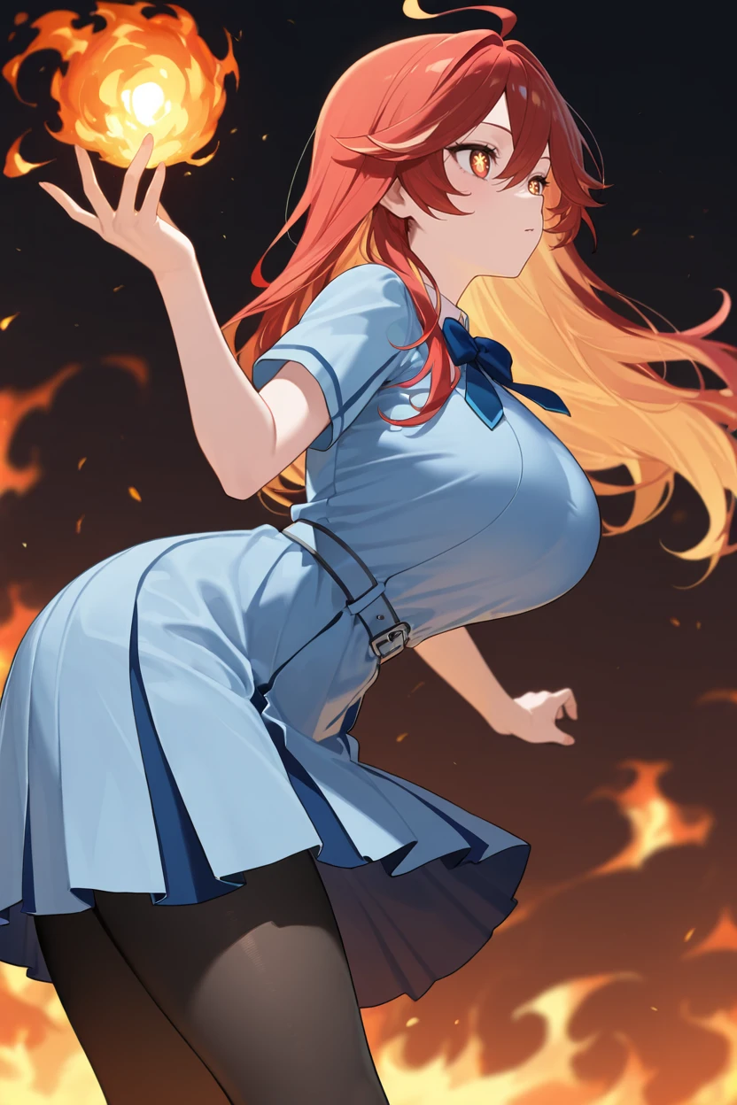 masterpiece, best quality, very aesthetic, newest, absurdres, highres,
1girl, solo,
<lora:BokuWaSonzaiDressIllustriousV1:1> bokuwasonzaidress, pleated dress, blue dress, blue bowtie, belt, short sleeves, black pantyhose,
from side, leaning forward, fire, fireball in hands,
<lora:Mavuika_illusXLNoobAI_Incrs_v2:0.8> mavkRnd, symbol-shaped pupils, red eyes, large breasts, red hair, long hair, ahoge,