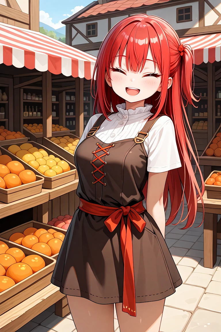 masterpiece, best quality, amazing quality, very aesthetic, absurdres,
cute round face, slender, detailed eyes, detailed hair, kawaii,
1girl, solo,
merchant, wearing fantasy merchant costume,
smile, open mouth, (closed eyes:1.3), (tsurime:1.2),
standing, cowboy shot,
fantasy world, western, market, outdoor, ultra detailed background,
,
red hair, long hair
<lora:hotarueye_xl_closed3_v10:1.75>
