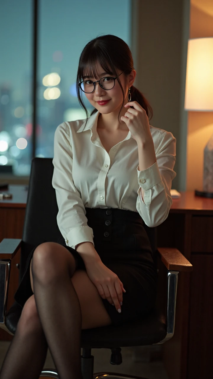 photorealistic,4K,ultra realistic details,sharp focus,detailed skin,solo focus,at night,In the office,viewed from afar to near,a female secretary wearing glasses is sitting on a chair with her legs crossed,tilting her head with a playful smile,one hand making a gun gesture. She is dressed in a white shirt and a black pencil skirt,her graceful body curves and long legs in black stockings and red high heels are particularly eye-catching,