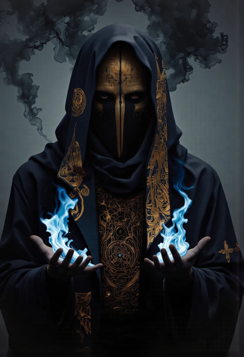 Art par Alexey Egorov. Une illustration numérique tire à partir d'un angle de caméra frontal sur une figure mystérieuse dans un manteau sombre et cagoulé avec des motifs de crâne brillants, tenant une flamme bleue brillante dans les deux mains. L'image montre également une figure masculine solo debout au milieu de l'image, avec une expression sérieuse, portant un manteau sombre avec des motifs en or complexes et un motif de crâne sur le côté gauche de sa poitrine. La silhouette a une longue barbe et des yeux brillants rouges, qui semblent regarder directement le spectateur. Il a un corps mince et porte un manteau noir avec des accents d'or, et ses mains sont tendues, tenant la flamme avec les deux mains, comme si elle lançait un sort. Le fond est sombre et fumé, avec des flammes bleues émanant des mains de la figure, créant une atmosphère mystique. Le style est réaliste avec une touche de fantaisie, et la signature de l'artiste est dans le coin inférieur gauche.
