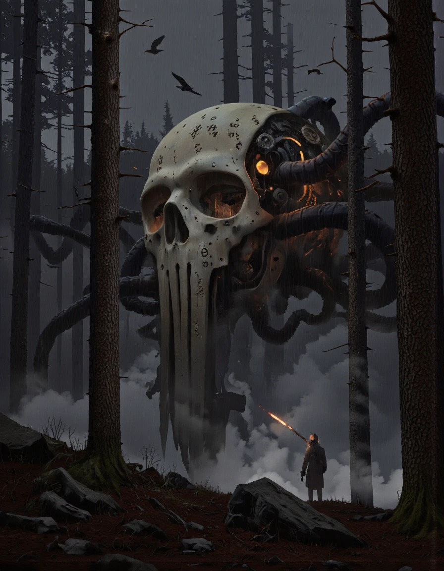 Art by Alexey Egorov. A dark and moody digital illustration shoot from the side about a mysterious scene featuring a humanoid figure and a large, menacing creature in a rain-soaked forest. the scene is set in the middle of the image, with the humanoid figure wearing a gas mask and holding a gun, standing on the right side of the frame. on the left side, a humanoid creature with a large head and tentacles is visible, towering over the figure. the creature has a skull-like structure with gears and numbers on its face, and its eyes are glowing. the background is dark and ominous, with tall trees and birds flying in the distance. the overall atmosphere is eerie and foreboding, with a sense of danger and suspense.