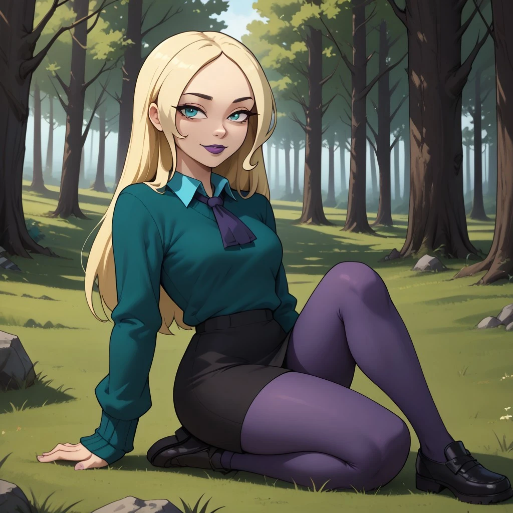 score_9, score_8, BREAK, solo, total drama, 1girl, blonde hair, long hair, white skin, dark turquoise eyes, small eyebags, black eyebrows, pointy nose, purple lips, lipstick, dark green sweater, cyan collared shirt, black skirt, dark purple pantyhose, black shoes, Dawn_(\Total_Drama\), tdroti, cute, sexy pose, self portrait, smile, outdoors, sunlight, shadows, evening lighting, natural lighting, forest, trees, grass, orange sky, sunset