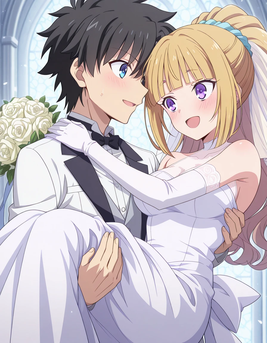 masterpiece, best quality, amazing quality,, <lora:kei-karuizawa-anime-s2-ponyxl-lora-nochekaiser:1>, kei karuizawa, long hair, bangs, blunt bangs, purple eyes, blonde hair, hair ornament, ponytail, scrunchie, blue scrunchie, medium breasts, anime screencap, <lora:princess-carry-illustriousxl-lora-nochekaiser:1>, princess carry, hetero, carrying,, <lora:ritsuka-fujimaru-illustriousxl-lora-nochekaiser:1>, ritsuka fujimaru, fujimaru ritsuka (male), short hair, black hair, 1boy, blue eyes,, shirt, thighhighs, gloves, church, dress, bow, holding, bare shoulders, white shirt, flower, elbow gloves, white gloves, bowtie, white dress, black bow, white jacket, veil, black bowtie, bouquet, wedding dress, bridal veil, holding bouquet, bride, husband and wife, wedding, groom, smile, blush, open mouth,