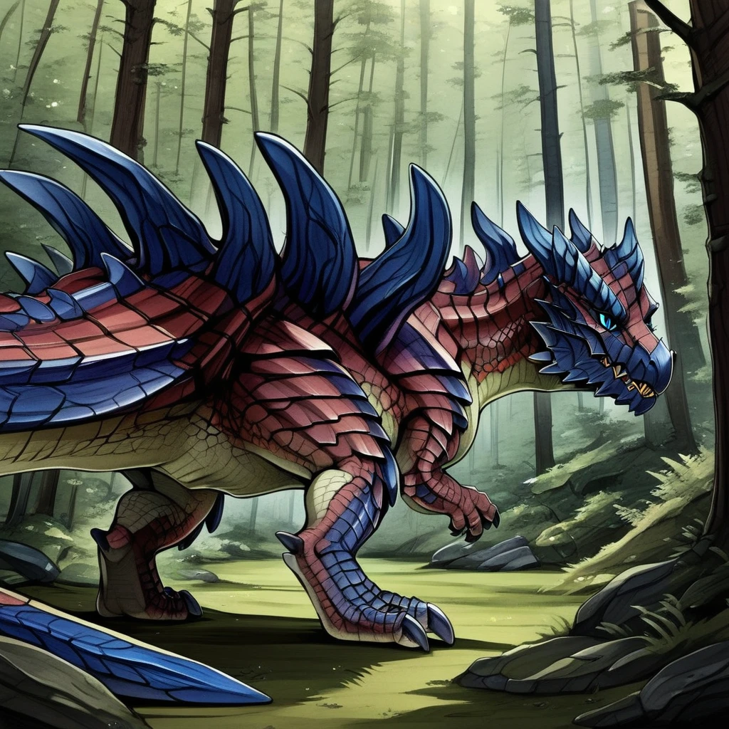 Glavenus, no humans, nature, forest, tree, outdoors, rock, claws, blue eyes, solo, grass, dragon, scales, teeth, sharp teeth