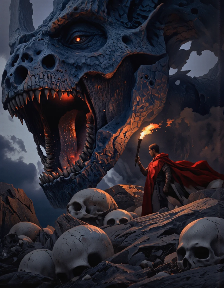 Art by Alexey Egorov. A dramatic digital illustration shoot from a below camera angle about a dramatic scene depicting a muscular, dark-skinned man standing on a rocky outcrop, wearing a red cape and holding a torch, facing a towering, menacing dragon with sharp teeth and glowing red eyes. the man appears to be in his mid-twenties, with short black hair and a determined expression, standing in the middle of the image. the dragon's mouth is open wide, revealing sharp teeth, and its scales are a deep, textured blue. the background is a dark, stormy sky with dark clouds, and the overall atmosphere is ominous and foreboding. the scene is set in a fantasy setting, with skulls on the ground and a dramatic lighting effect, creating a sense of depth and dimension. the overall mood is dark and ominous, with a focus on the dramatic scene.