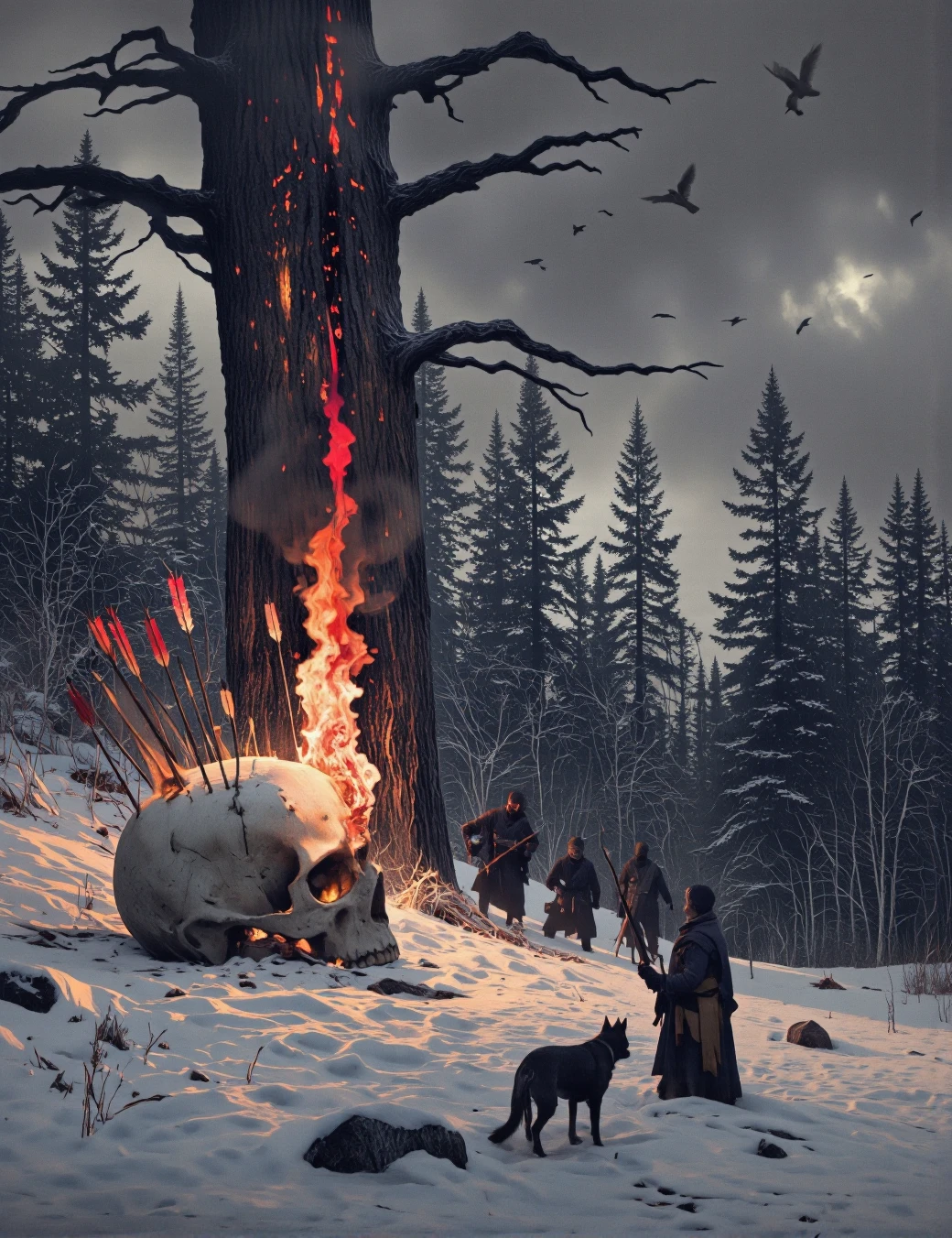 Art by Alexey Egorov. A dramatic digital illustration draws from a camera angle far from a mystical scene with a large skull in the middle of a snowy forest. The scene takes place against a dark and stormy sky with a few birds flying in the distance. The skull is located in the center of the image, is on fire, it is placed on the ground on the side and surrounded by a dense forest with snowy trees. There are several arrows with red feathers planted on the skull. The rest of the skeleton is out of frame. At the bottom of the image, a group of four men heads for the skull, accompanied by a dog. The men wear dark clothes and wear weapons, and one of them holds an arc and an arrow. In the background, a large tree, throws a shadow on the stage. The atmosphere is cold and strange, with a red light emanating from the fire that ignites the skull, creating a feeling of danger and mystery.