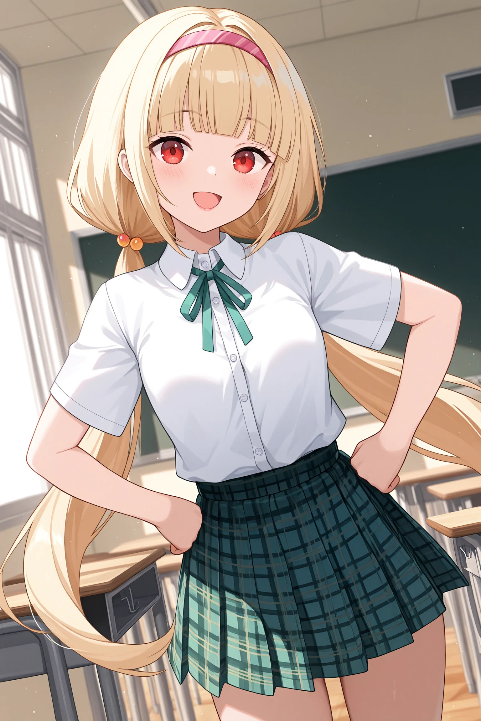 masterpiece, best quality, very aesthetic, nishinoayane, solo, indoors, classroom, blonde hair, low twintails, hair bobbles, pink hairband, blunt bangs, very long hair, red eyes, small breasts, neck ribbon, green ribbon, collared shirt, white shirt, short sleeves, hands on hips, green skirt, plaid skirt, school uniform, smile, open mouth, :d, pink lips, <lora:Nishino-Ayane:0.7>