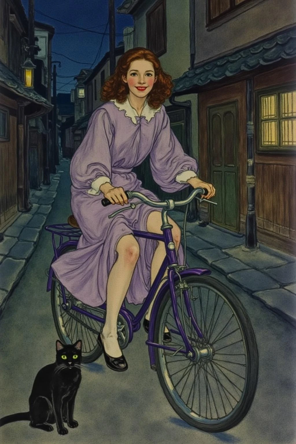 shippengreen1 illustration.
A Japanese school girl riding a old style bicycle through a narrow, quiet street at night. The happy woman wears a simple, flowing purple dress. In the corner, a small black cat with piercing eyes sits watching her quietly. The mood is tranquil and slightly magical. <lora:shippengreen1_cap_d6a3:1.0><lora:837367676377542095:0>