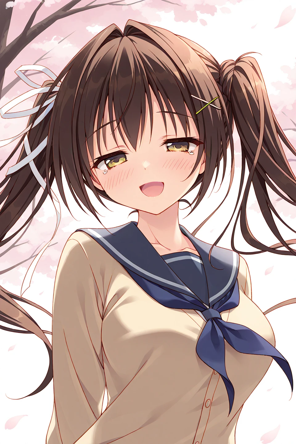 masterpiece, best quality, absurdres, official art, official style, general BREAK masterpiece, rating sensitive, sexually suggestive, nsfw, uncensored BREAK <lora:naseyukana_IL_v1-1:0.7>, nase yukana, 1girl, solo, yellow eyes, brown hair, bangs, sidelocks, large breasts, twintails, braid, hairclip, hair ornament, x hair ornament, ribbon, hair ribbon, white ribbon BREAK school uniform, serafuku, sailor collar, blue sailor collar, neckerchief, blue neckerchief, cardigan, brown cardigan, long sleeves, sleeves past wrists, skirt, pleated skirt, holding, tube, upper body, collarbone, floating hair, facing viewer, close-up, portrait, wind, cherry blossoms, petals, blush, :d, embarrassed, half-closed eyes, looking at viewer, open mouth, smile, tearing up, tears, dynamic pose, high contrast, sunlight, shaded face