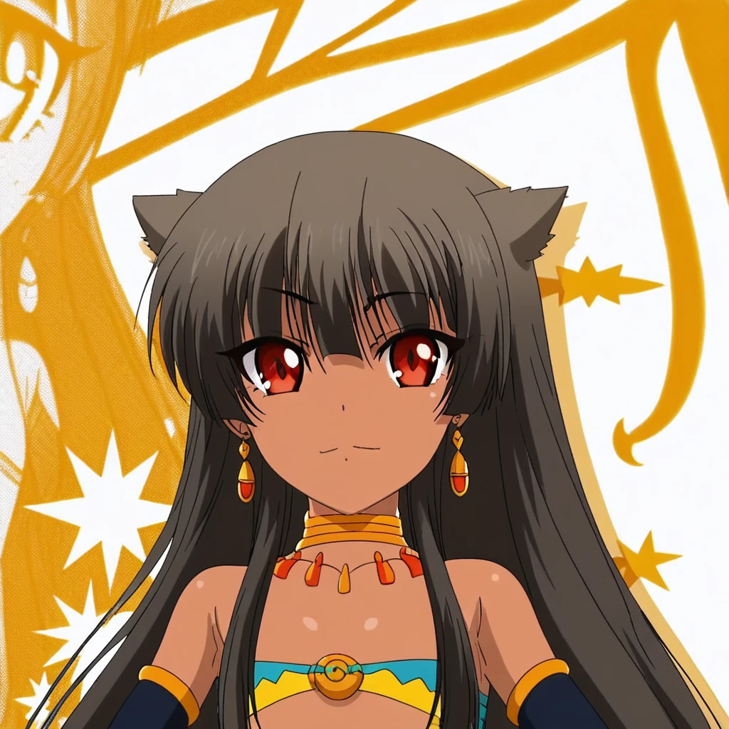 manga style oc/Anime de one piece, woman with long hair, spongy, wavy dark brown, one meter and 63cm, calm skin,slender, and boluntuous, dark brown eyes, cat ears and dark brown cat collar, and large crimson bird wings, In pirate clothes.