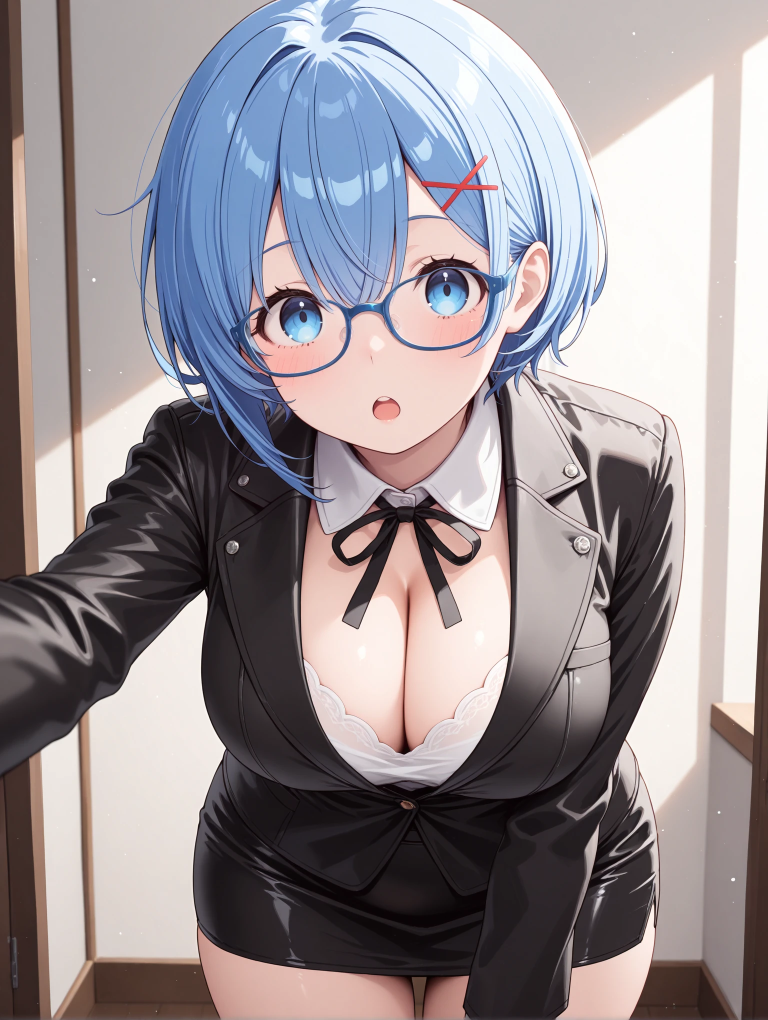 <lora:Rem Illu:1>1girl, solo, 
r3m, 1girl, large breasts, cleavage, blue hair, x hair ornament, blue eyes, short hair, glasses, looking at viewer, pencil skirt, blue-framed eyewear, black jacket, black skirt, bespectacled, long sleeves,  open mouth, alternate costume, :o, hair between eyes, upper teeth only, leaning forward, blush, miniskirt, black ribbon, cowboy shot,
 <lora:cfg_scale_boost:1>, masterpiece, best quality