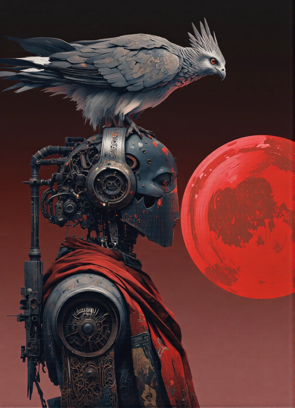Art par Alexey Egorov. Une illustration numérique tire à partir d'un angle de caméra de profil sur un robot humanoïde avec un oiseau perché sur sa tête, situé sur un fond de gradient rouge et noir vibrant. Le robot, positionné au milieu de l'image, porte une armure sombre et ornée avec des motifs complexes et une écharpe rouge drapée autour de son cou. Au-dessus de la tête du robot, un oiseau est perché, ses plumes un mélange de gris et de blanc, ses yeux se concentrent attentivement sur quelque chose au loin. L'oiseau semble être un faisan, avec ses ailes réparties, comme si elle était sur le point de prendre son envol. Le fond présente une grande lune rouge brillante, jetant une lueur chaude sur la scène. L'ambiance globale est mystérieuse et captivante, en mettant l'accent sur le robot et son oiseau.