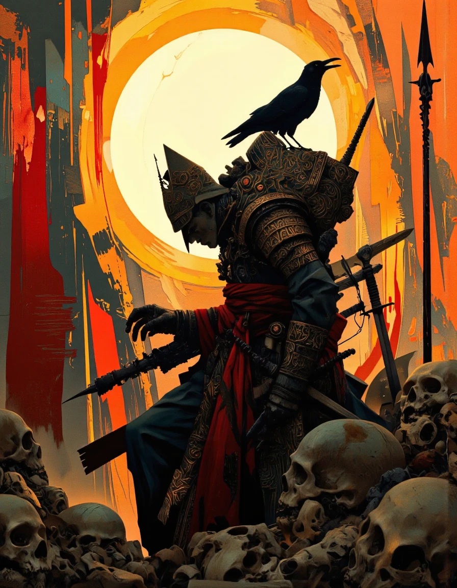 Art by Alexey Egorov. A digital illustration shoot from the side about a silhouette of a warrior with intricate armor and a crow perched on his shoulder, set against an abstract sunset background. the image also shows skulls and swords around the warrior's body. on the middle of the image, a man, who appears to be in his mid-twenties, is standing with his back to the viewer, looking down. he is wearing a long, dark coat with intricate designs and a red belt around his waist. the man has a serious expression and is holding a spear in his right hand. on his left shoulder, a black raven is perched, its beak open as if it's about to take flight. the background is a vibrant mix of orange, yellow, and red hues, with a large, glowing sun behind the warrior.
