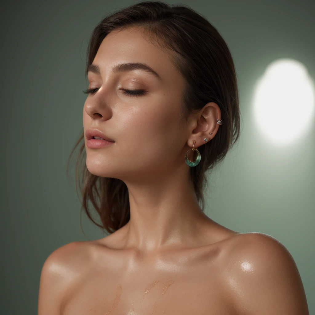 UHD, 4k, ultra detailed, cinematic, a photograph of <lora:oily shiny skin style sd1.5 v1:0.8>
side view, Oily skin tone of a naked woman posing in a studio with a green background, perfect image, perfect body, perfect anatomy, sharp image, detailed image, Kodak film, high quality photography, oily skin style, shiny skin style, solo, breasts, gloves, navel, medium breasts, nipples, nude, earrings, elbow gloves, brown hair, wet, blue eyes, completely nude, lips, photorealistic, tattoo, makeup, closed eyes
, epic, beautiful lighting, inpsiring