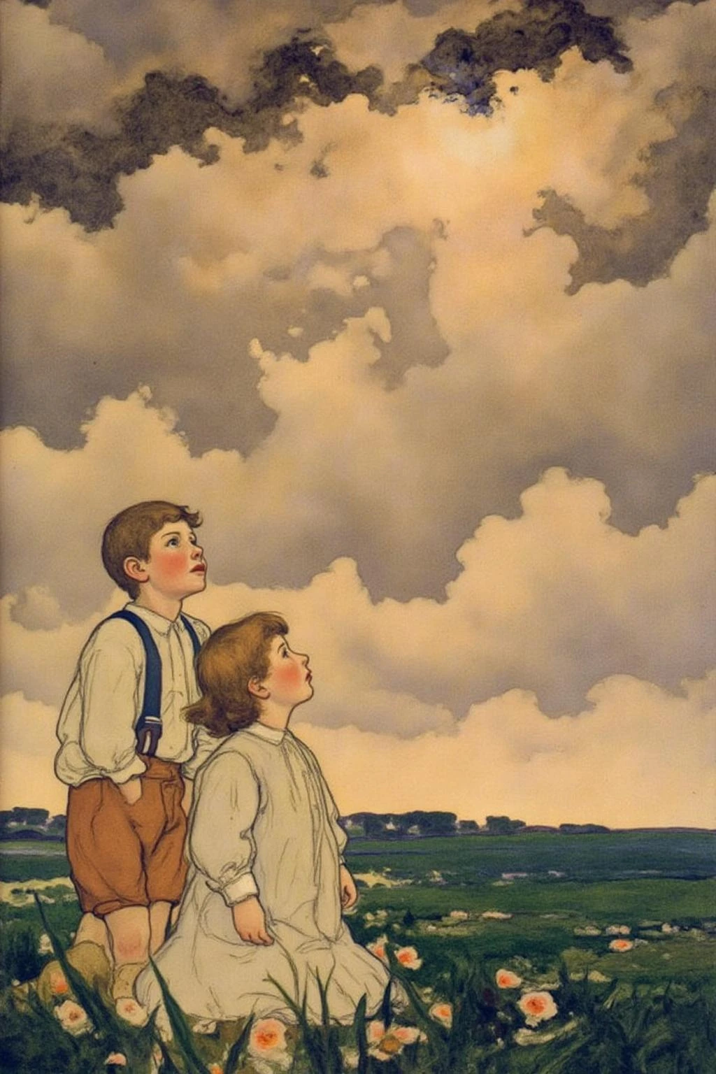 shippengreen1 illustration.
Two children, a boy and a girl, standing outdoors, looking up at the sky.
The scene is set in a vast, open field under a dramatic, cloudy sky with a mix of light and dark clouds.
<lora:shippengreen1_cap_d6a3:1.0><lora:837335000266327562:0>
