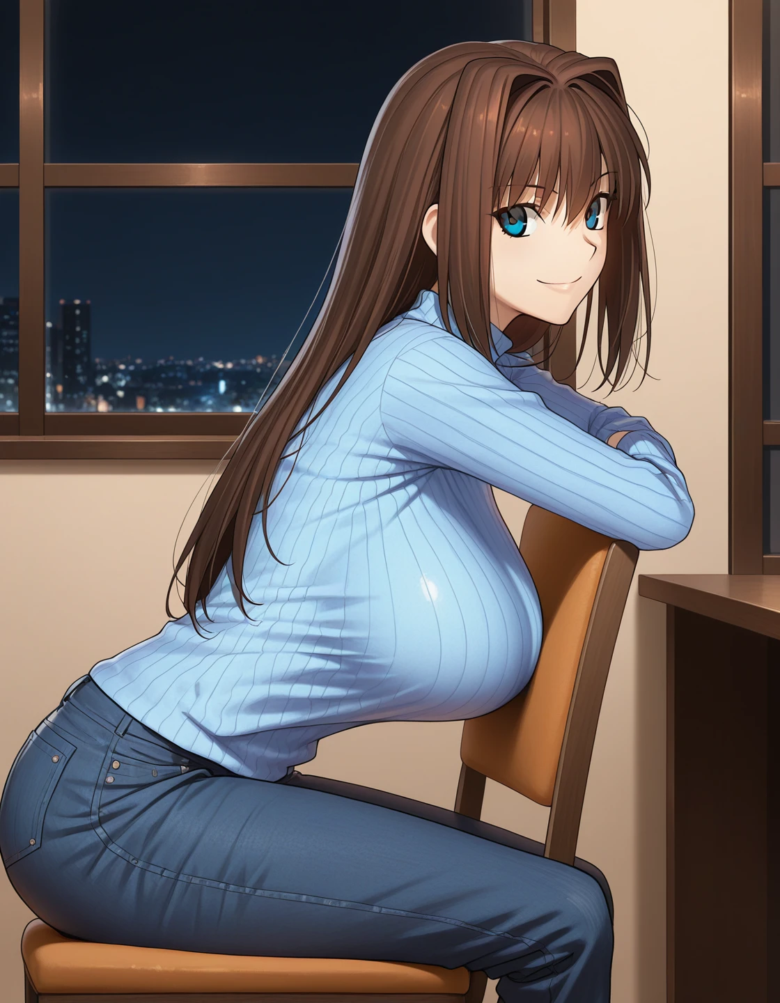 1girl, solo, aozaki aoko, brown hair, long hair, hair intakes, blue eyes, smile, big breasts, ribbed sweater, blue sweater, tented shirt, denim pants, (sitting backwards:1.3), on chair, bent over, looking at viewer, from side, indoors, window, night <lora:aozaki_aoko_ilxl_v1:0.8>