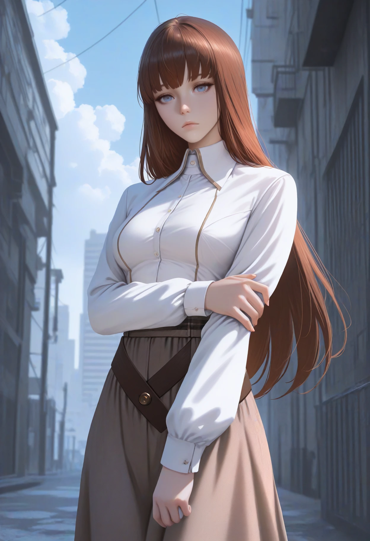 masterpiece, best quality, newest, realistic, cowboy shot, solo, 1girl, kgrshn, expressionless, looking at viewer, standing, hand on own arm, long hair, brown hair, straight hair, blue eyes, white shirt, collared shirt, long sleeves, brown skirt, belt buckle, outdoors, blue sky, cloud, city
<segment:yolo-Anzhc Face seg 640 v2 y8n.pt,0.4,0.5//cid=1>