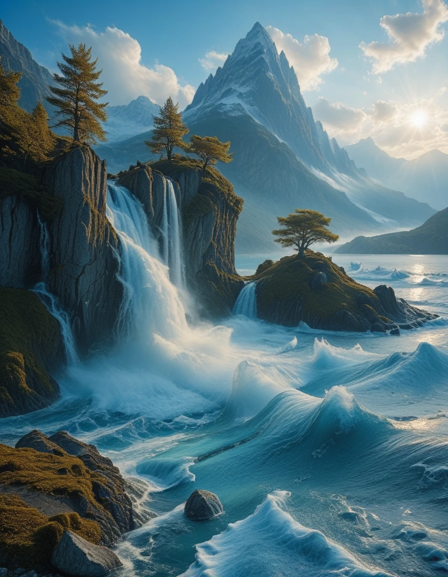 <lora:Medieval_Worlds__Scenery:1.0> mwl01, scenery, landscape, mountains, waves, rocks, lake, tree, vegetation, moss, rough sea, waterfall, blue, white, gold, T7, bokeh, T2