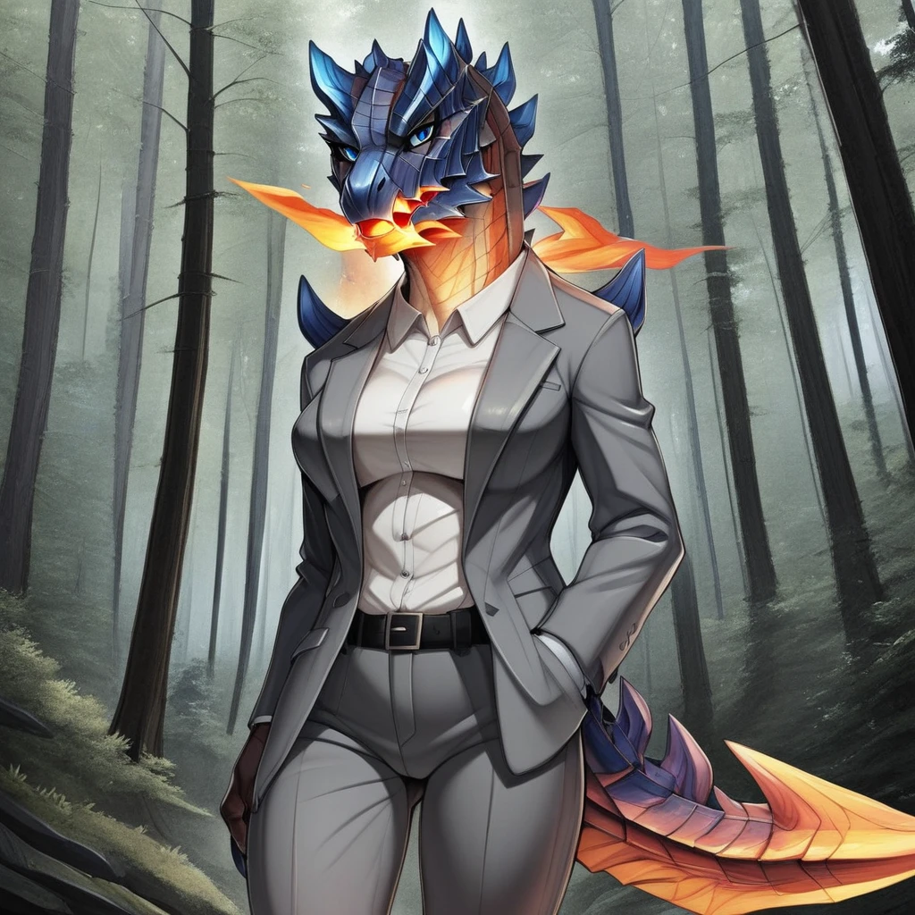 Glavenus, pants, claws, solo, tail, shirt, nature, forest, belt, grey jacket, fire, jacket, white shirt, hand in pocket, formal, outdoors, 1girl, tree, looking at viewer, suit, blue eyes