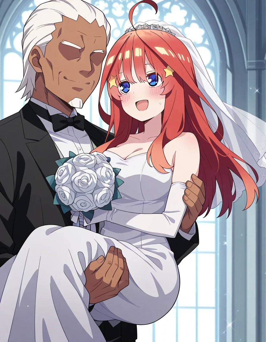 masterpiece, best quality, amazing quality,, <lora:itsuki-nakano-s2-ponyxl-lora-nochekaiser:1>, itsuki nakano, bangs, long hair, blue eyes, hair between eyes, ahoge, red hair, star (symbol), hair ornament, star hair ornament, large breasts, anime screencap, <lora:princess-carry-illustriousxl-lora-nochekaiser:1>, princess carry, hetero, carrying,, <lora:fourth-raikage-illustriousxl-lora-nochekaiser:0.8>, fourth raikage, 1boy, white hair, hetero, dark skin, facial hair, dark-skinned male, manly, muscular, faceless, faceless male, no eyes,, shirt, thighhighs, gloves, church, dress, bow, holding, bare shoulders, white shirt, flower, elbow gloves, white gloves, bowtie, white dress, black bow, white jacket, veil, black bowtie, bouquet, wedding dress, bridal veil, holding bouquet, bride, husband and wife, wedding, groom, smile, blush, open mouth,