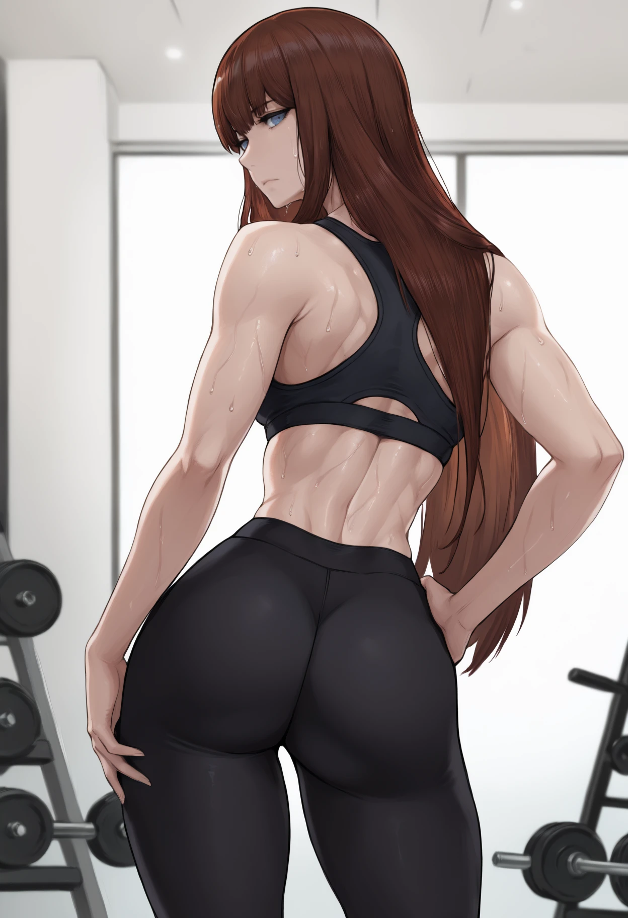 masterpiece, best quality, newest, from behind, solo, 1girl, kgrshn, sweat, expressionless, looking back, hand on own hip, long hair, brown hair, straight hair, blue eyes, black sports bra, black pants, yoga pants, tight pants, ass, indoors, gym, weights
<segment:yolo-Anzhc Face seg 640 v2 y8n.pt,0.4,0.5//cid=1>