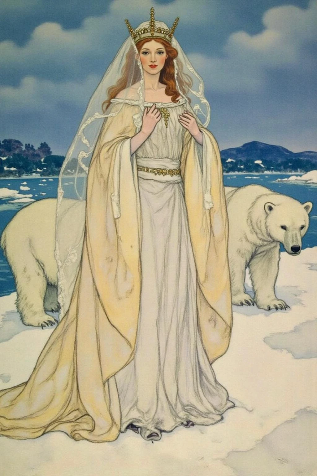 shippengreen1 illustration.ivanbilibin1 illustration.
dulac1.
A Snow Queen with an ethereal appearance. She is dressed in a flowing, long white gown that seems to shimmer, possibly made of a translucent fabric or lace, giving it a delicate, ethereal quality. Her hair and face are obscured by a delicate, sheer veil that extends to the ground, adding to her otherworldly aura.
There are two polar bears walking alonside her. <lora:shippengreen1_cap_d6a3:1.0><lora:837367023542498990:0>