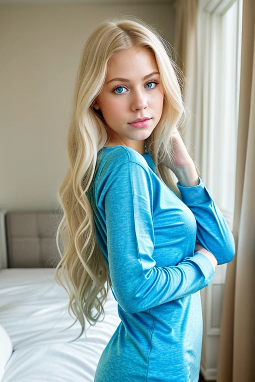 long hair, blonde, 20 year old, blue eyes, delicate face, fashionable, fit clothing, room