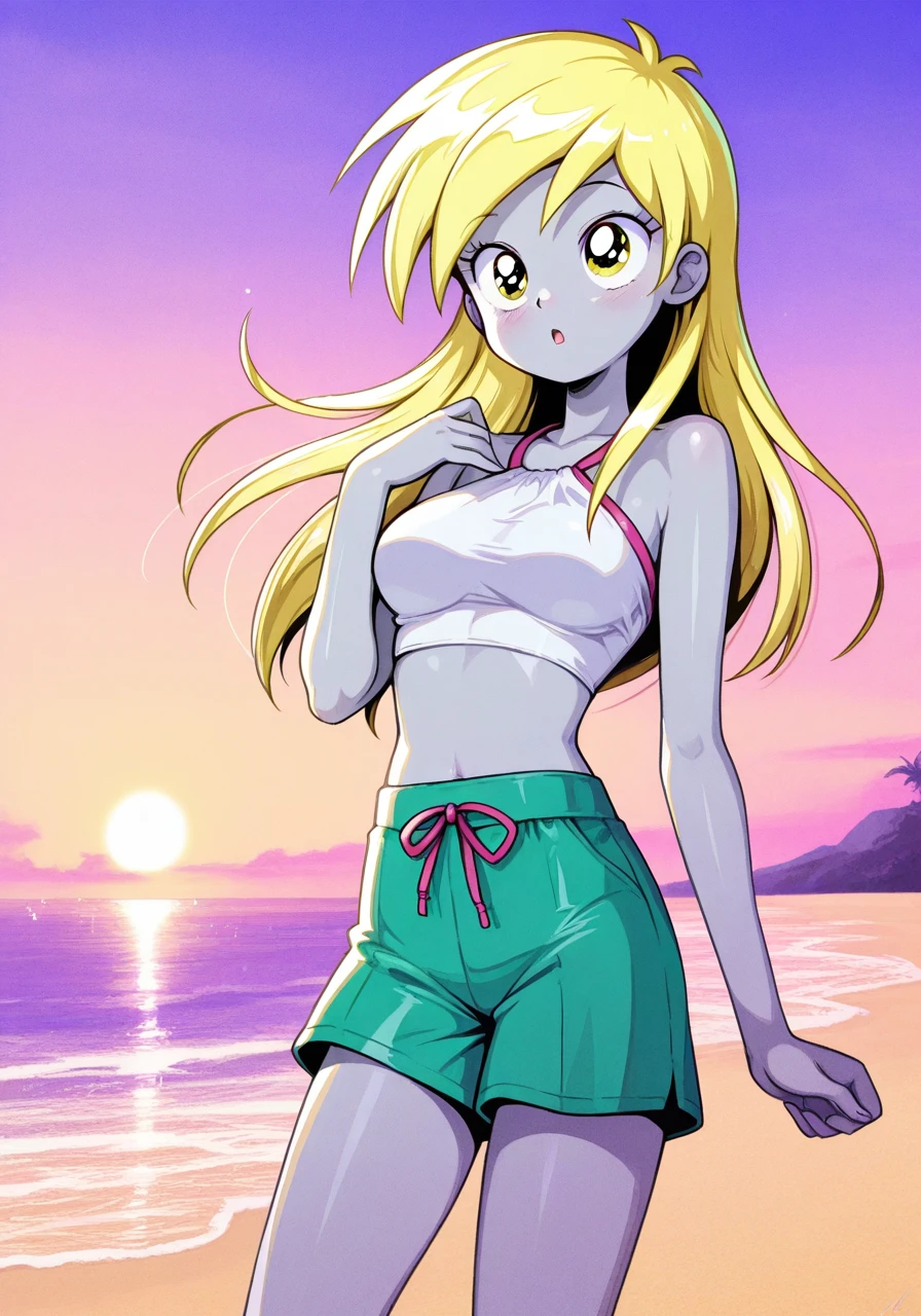 1girl, anime girl, anime, (tanned skin), 2d girl, 16y, (fullbody), standing, anime girl, blue eyes, licking lips, (ahoge, long hair, braid single ponytail, blonde hair), ruffled t-shirt, Solo, Slim, flat chest, Tight Shorts, low waist shorts, upshorts, The dark night garden background, low light, moon, stars in the sky, looking at viewer, (((explicit))), (((shorts))), (((absurdres))), (((thigh gap))), cameltoe, (((cameltoe))), (((cleft of venus))), (((lowleg shorts))),