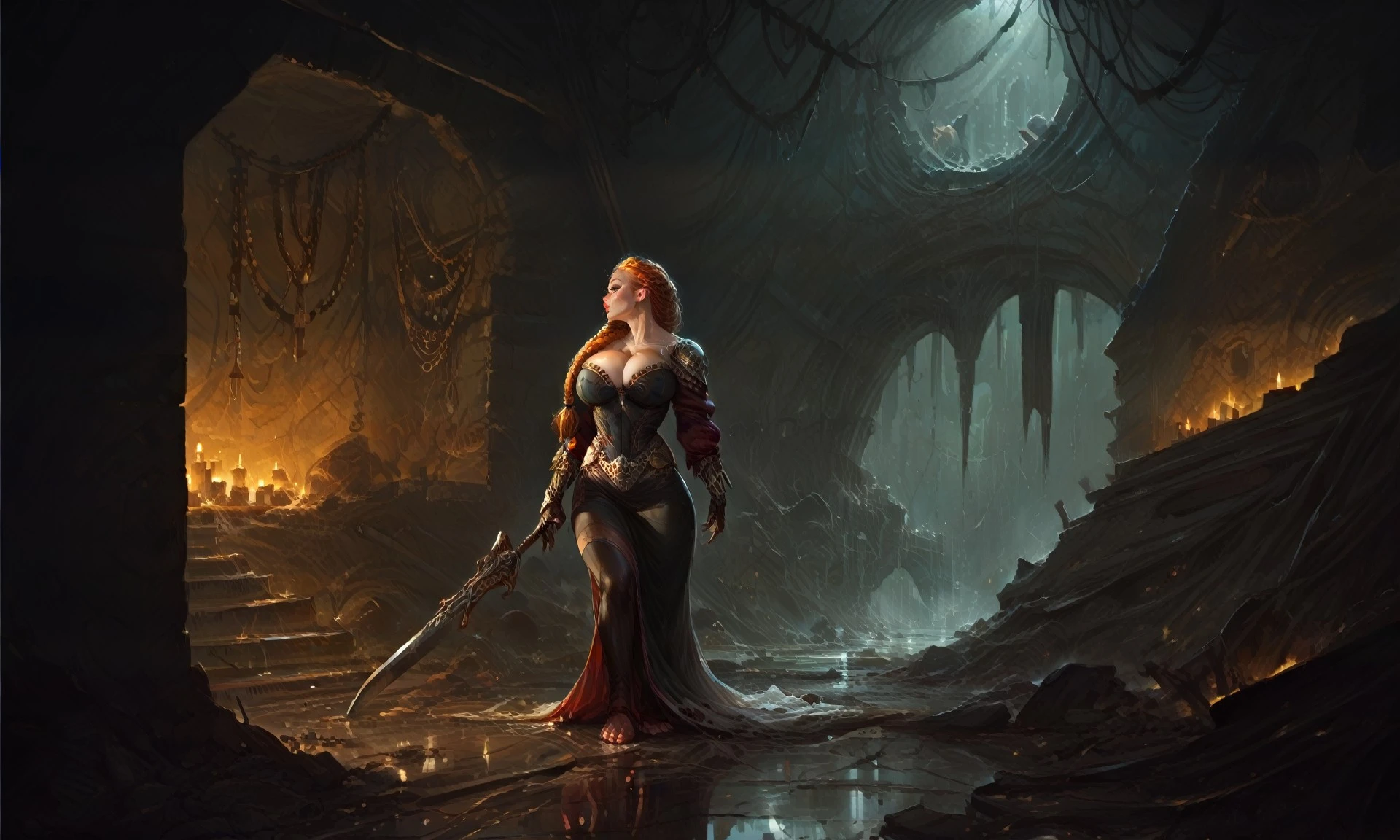 score_9, score_8_up, score_8, source_2d, full body shot, (1girl, solo, mature viking queen exploring dark ruins, braided hair, wearing viking clothes, large breasts wide hips, dark fantasy, dark theme), ((detailed background)), Expressiveh, realistic, ((underground ruins), (ruins, arch), (cityscape view), (buildings:1.25), glowing), <lora:cutesexyrobutts_style_pdxl_v3:0.7> <lora:Expressive_H:1> <lora:incase---1:0.25> <lora:Undergroundruins:1> <lora:The_Pit-PonyXL-1024px-split-v2:0.25> <lora:Pony_DetailV2.0:1>