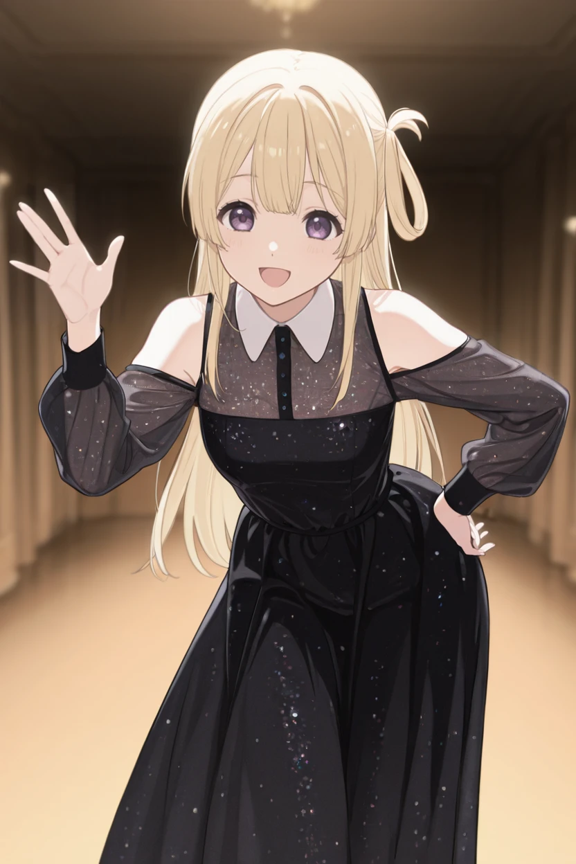 masterpiece, best quality, very aesthetic, newest, absurdres, highres,
1girl, solo,
 <lora:FujimaSakuraIllustriousV1:1> fujimasakura, blonde hair, long hair, hair rings, purple eyes,
hand on hip, palm waving, leaning forward, dancing, open mouth, smile,
 <lora:ConstellationDressILL:0.8> black dress, glitter,, long sleeves, collared dress, bare shoulders,
