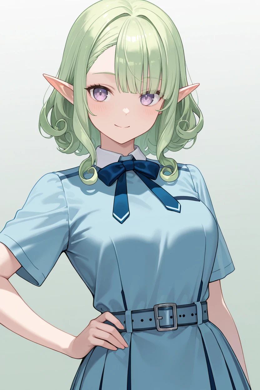 masterpiece, best quality, very aesthetic, newest, absurdres, highres,
1girl, solo,
pale green hair, light purple eyes, curly hair, curly sidelocks, medium hair, straight bangs, asymmetrical bangs, pointy ears, elf,
<lora:BokuWaSonzaiDressIllustriousV1:1> bokuwasonzaidress, pleated dress, blue dress, blue bowtie, belt, short sleeves,
smile, hand on hip, gradient background,