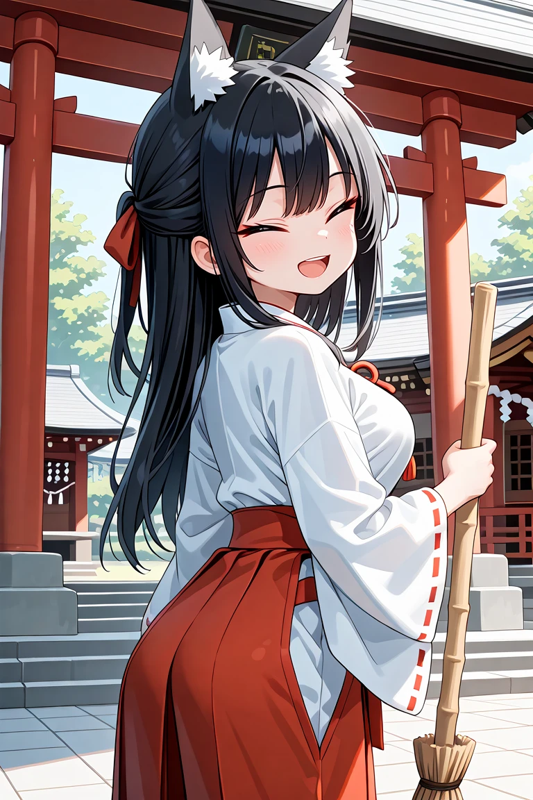 masterpiece, best quality, amazing quality, very aesthetic, absurdres,
cute round face, slender, detailed eyes, detailed hair, kawaii,
1girl, solo,
miko, wearing miko costume, from side, looking back,
smile, open mouth, (closed eyes:1.3), (tsurime:1.2), fox ears,
standing, cowboy shot, looking at viewer, holding broom,
in japanese shrine, (torii:0.7), ultra detailed background,
,
black hair, long hair
<lora:hotarueye_xl_closed3_v10:1.75>