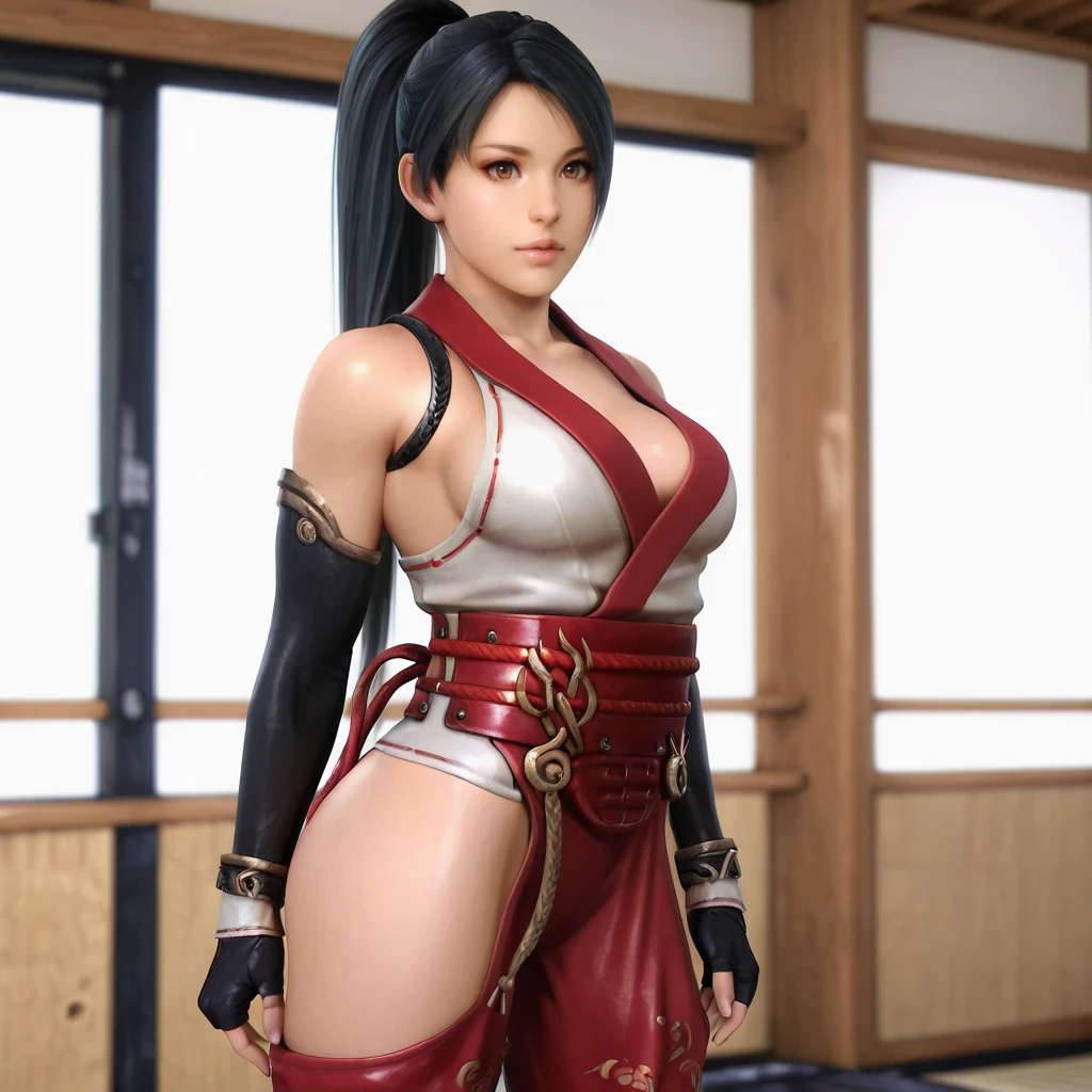 <lora:Momiji_illustrious_v1:1> MomijiNinjaGaiden, 1girl, fingerless gloves, ponytail, black hair, long hair, ninja, lips, japanese clothes, elbow gloves, brown eyes, cowboy shot