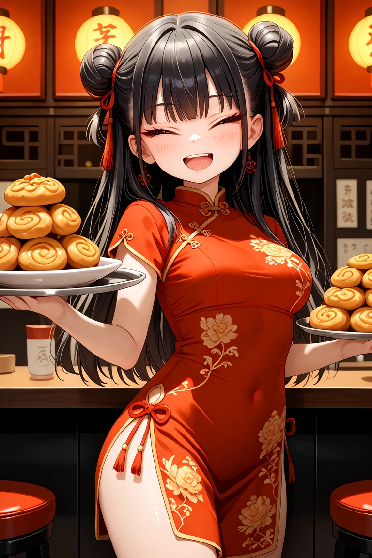 masterpiece, best quality, amazing quality, very aesthetic, absurdres,
cute round face, slender, detailed eyes, detailed hair, kawaii,
1girl, solo,
wearing (red chinese dress:1.2), (red dress:1.3),
smile, open mouth, (tsurime:1.3), closed eyes,
standing, holding tray with chinese foods, cowboy shot,
in chinese restaurant, ultra detailed background,
,
black hair, long hair
<lora:hotarueye_xl_closed3_v10:1.3>