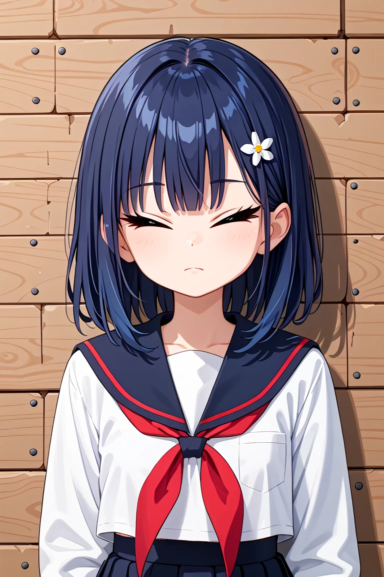 newest, masterpiece, best quality
BREAK
score_9, score_8_up, score_7_up, score_6_up, score_5_up, score_4_up
BREAK
cute round face, slender, ultra detailed eyes, ultra detailed hair, ultra beautiful
BREAK
1girl, solo, (shooting from front:1.3), portrait, closed eyes,
expressionless, white school uniform,
closed mouth, looking at viewer,
wooden wall background,
medium hair, dark_blue hair
<lora:hotarueye_xl_closed3_v10:1>