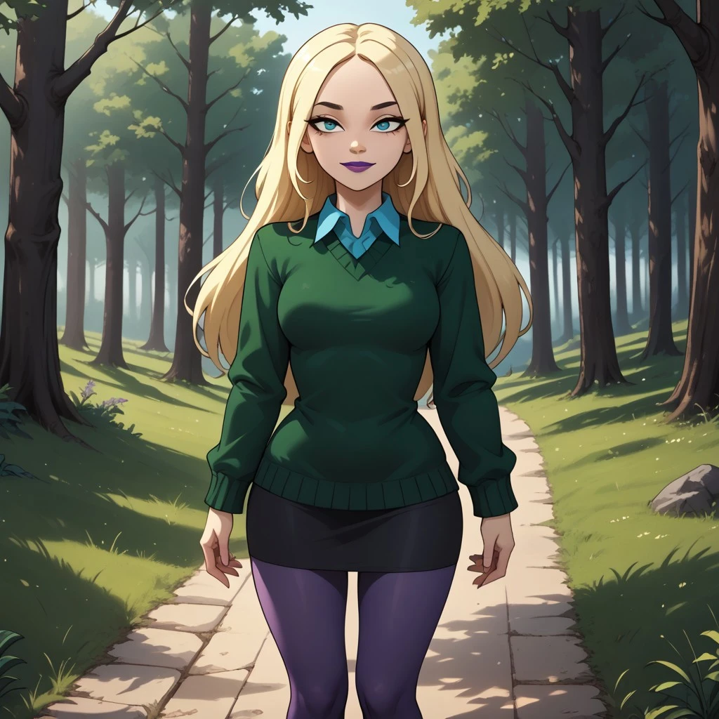 score_9, score_8, BREAK, solo, total drama, 1girl, blonde hair, long hair, white skin, dark turquoise eyes, small eyebags, black eyebrows, pointy nose, purple lips, lipstick, dark green sweater, cyan collared shirt, black skirt, dark purple pantyhose, black shoes, Dawn_(\Total_Drama\), tdroti, cute, sexy pose, self portrait, smile, outdoors, sunlight, shadows, evening lighting, natural lighting, forest, trees, grass, orange sky, sunset