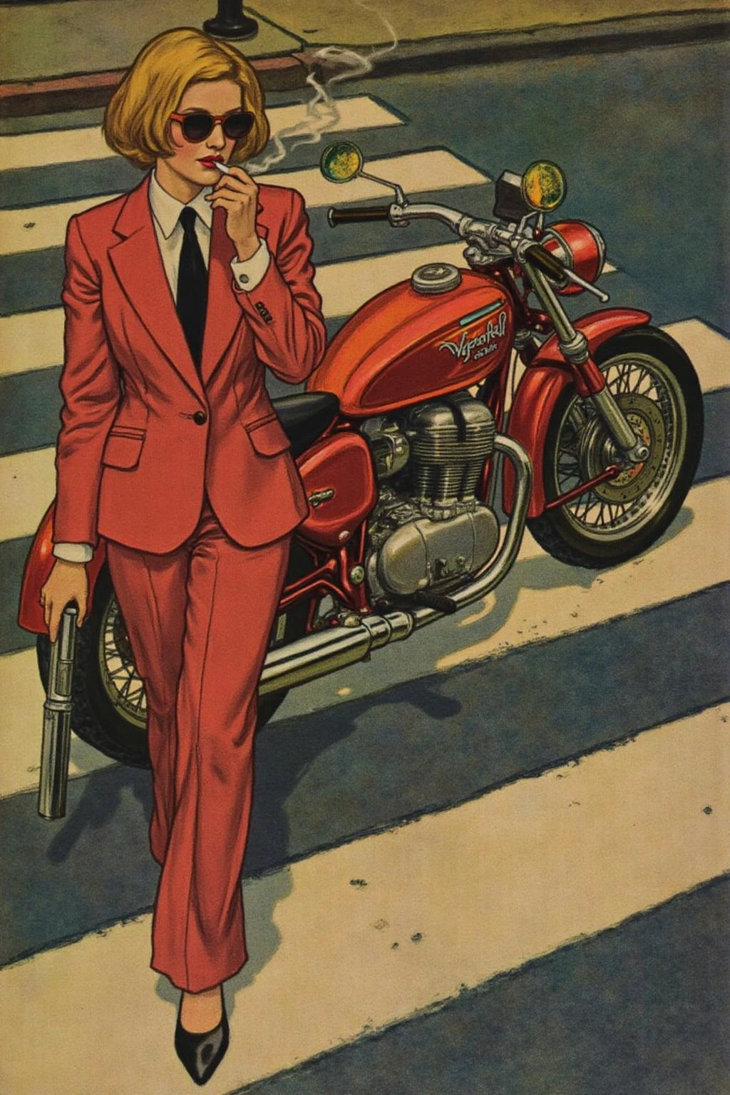 shippengreen1 illustration.
Overhead shot of an Blonde woman walking away from a futuristic motorcycle parked at a zebra crossing. The woman has bob hair, is smoking. She wear a red business suit, white shirt, black tie, and sunglasses. She holds a gun with a confident grip. The motorcycle itself is red, sleek and metallic, with intricate designs and a futuristic vibe
<lora:shippengreen1_cap_d6a3:1.0><lora:837361087897827043:0>