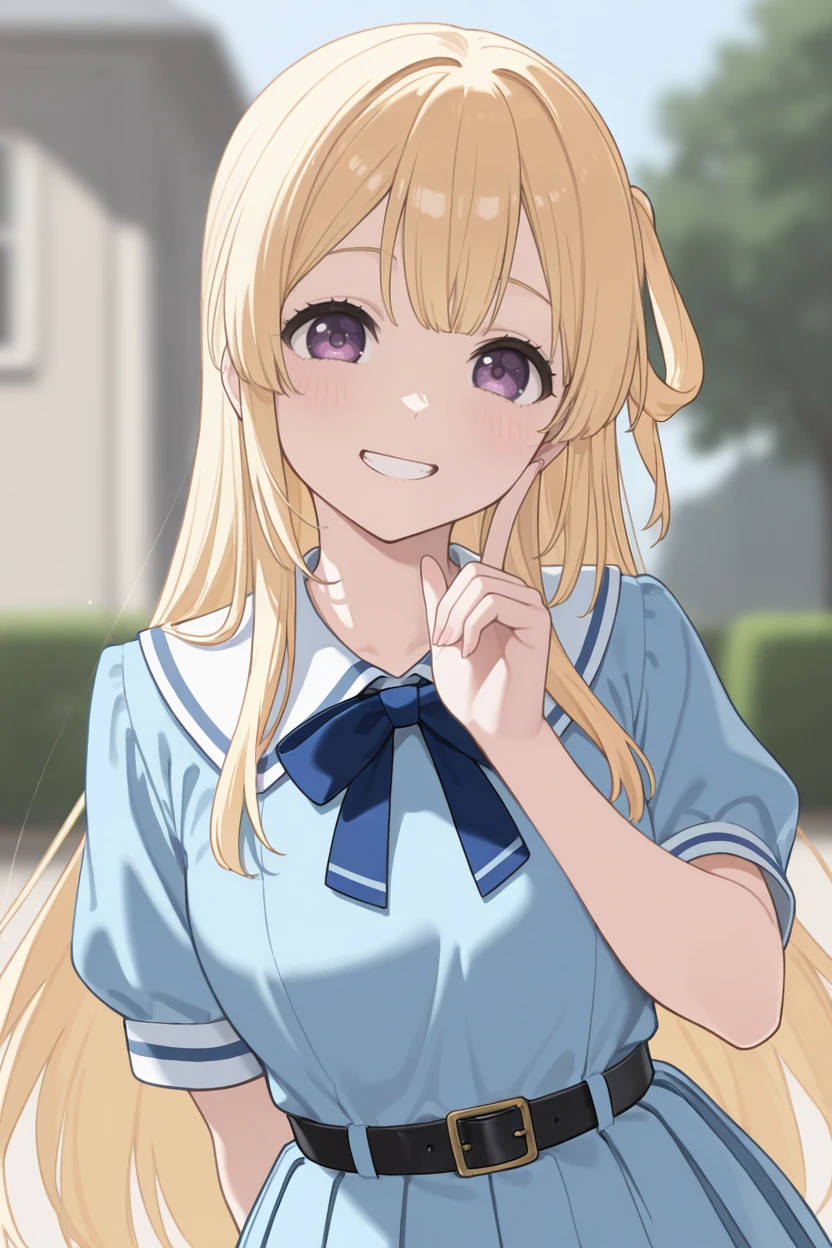 masterpiece, best quality, very aesthetic, newest, absurdres, highres,
1girl, solo,
 <lora:FujimaSakuraIllustriousV1:1> fujimasakura, blonde hair, long hair, hair rings, purple eyes,
belt buckle, black belt, blue dress, blue neckwear, blue ribbon, bow, diffraction spikes, pleated dress, ribbon, short sleeves,
upper body, looking at viewer, smile, teeth, finger to cheek,  blurry background, outdoors,