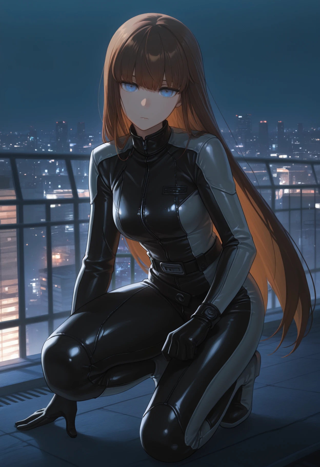 masterpiece, best quality, newest, full body, solo, 1girl, kgrshn, expressionless, looking at viewer, on one knee, long hair, brown hair, straight hair, blue eyes, biker clothes, bikesuit, black bodysuit, black gloves, black belt, outdoors, dark, night, rooftop, cityscape
<segment:yolo-Anzhc Face seg 640 v2 y8n.pt,0.4,0.5//cid=1>